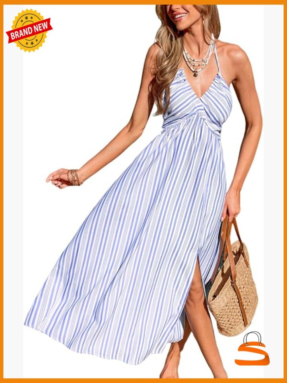 Backless Ruffle Halter Maxi Dress - Smocked Waist Side Slit Sleeveless Plunge
